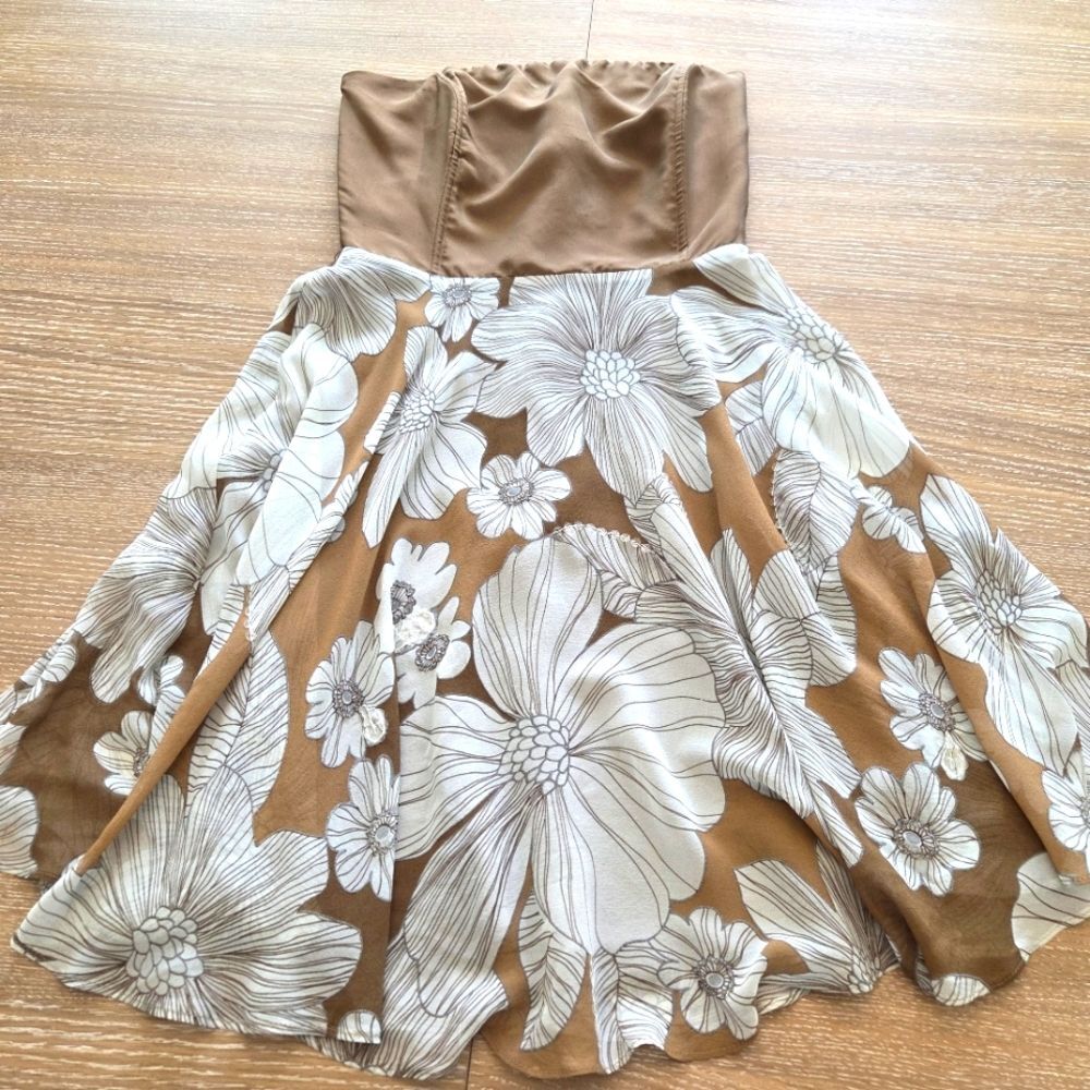 Vintage Spiegel Silk Tan/ Cream Floral Strapless Women's Dress Flounce Midi 4 - Picture 1 of 12